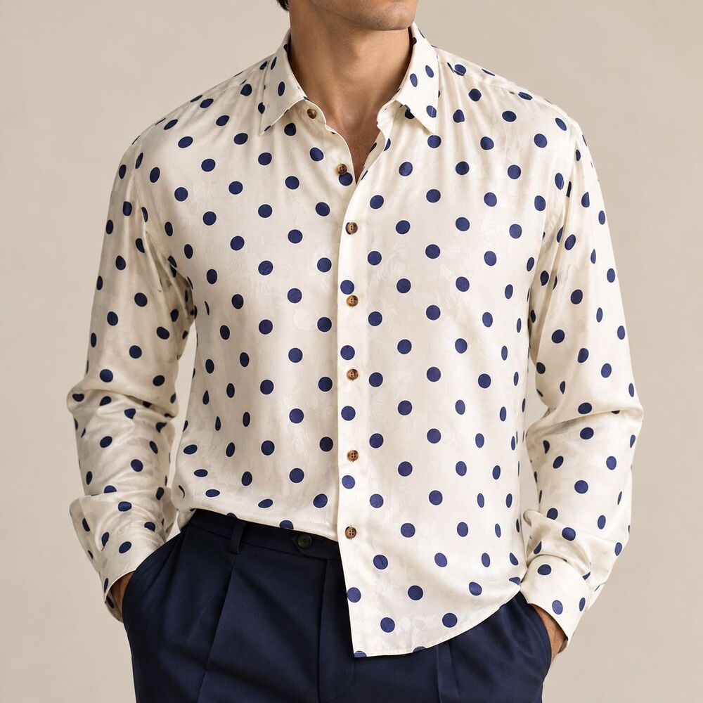 Mens Large Ivory Navy Polka Dot Silky Floral Long Sleeve Button Up Dress Shirt